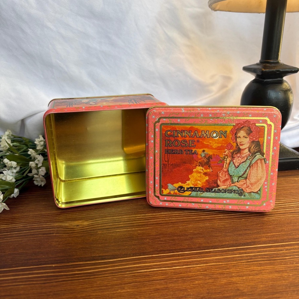 Vintage 1983 Celestial Seasonings Cinnamon Rose Herb Tea Tin Western Art